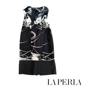 La Perla Black White Floral Strapless Pencil Midi Dress Lg Cocktail Part…